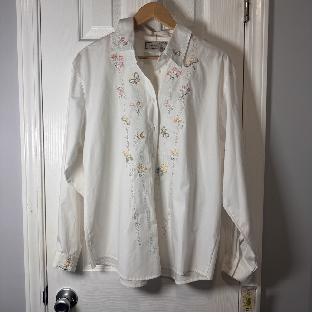Napa Valley Shirt Womens L Large Embroidered Florals Cottagecore Vintage NWT